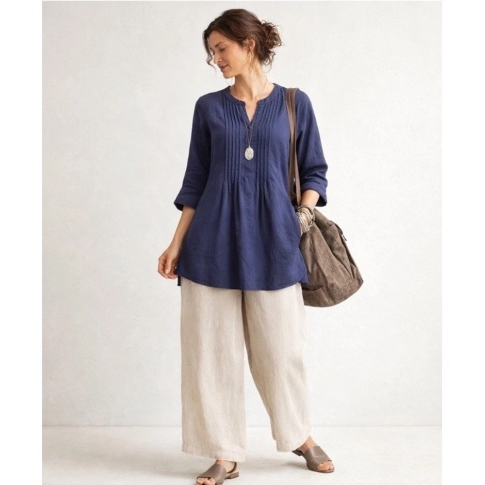 Dolma 100% Linen Tunic Sz S Beachy Lagenlook Coastal Boho Roll Tab Sleeve Resort